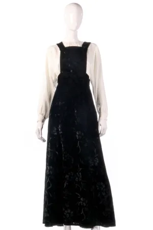 1970's Vintage Long Pinafore Dress Black Embossed Velvet Size 6/8