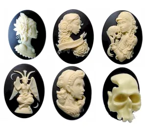 6pcs. Skull Goth Horror Spooky Halloween Theme  40x30mm Resin Cameos 927x