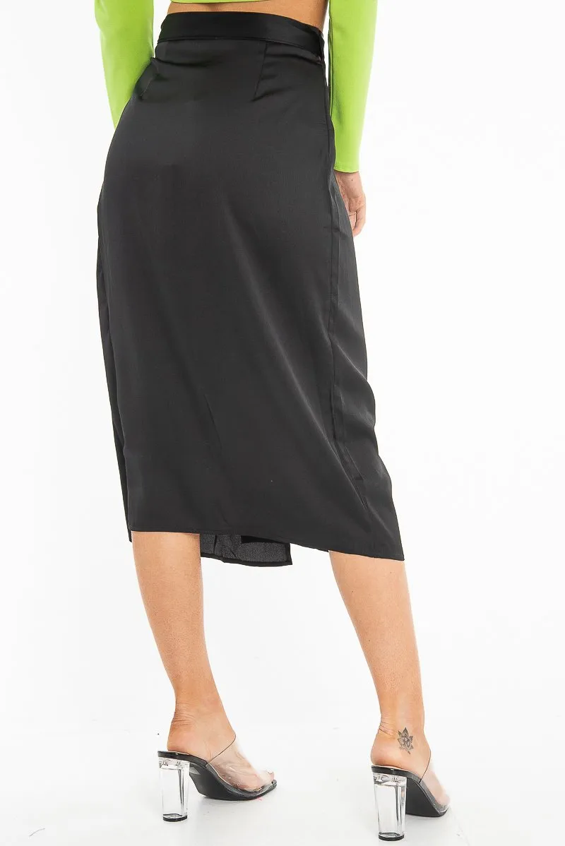 Black Wrap Tie Side Satin Midi Skirt - Mailah