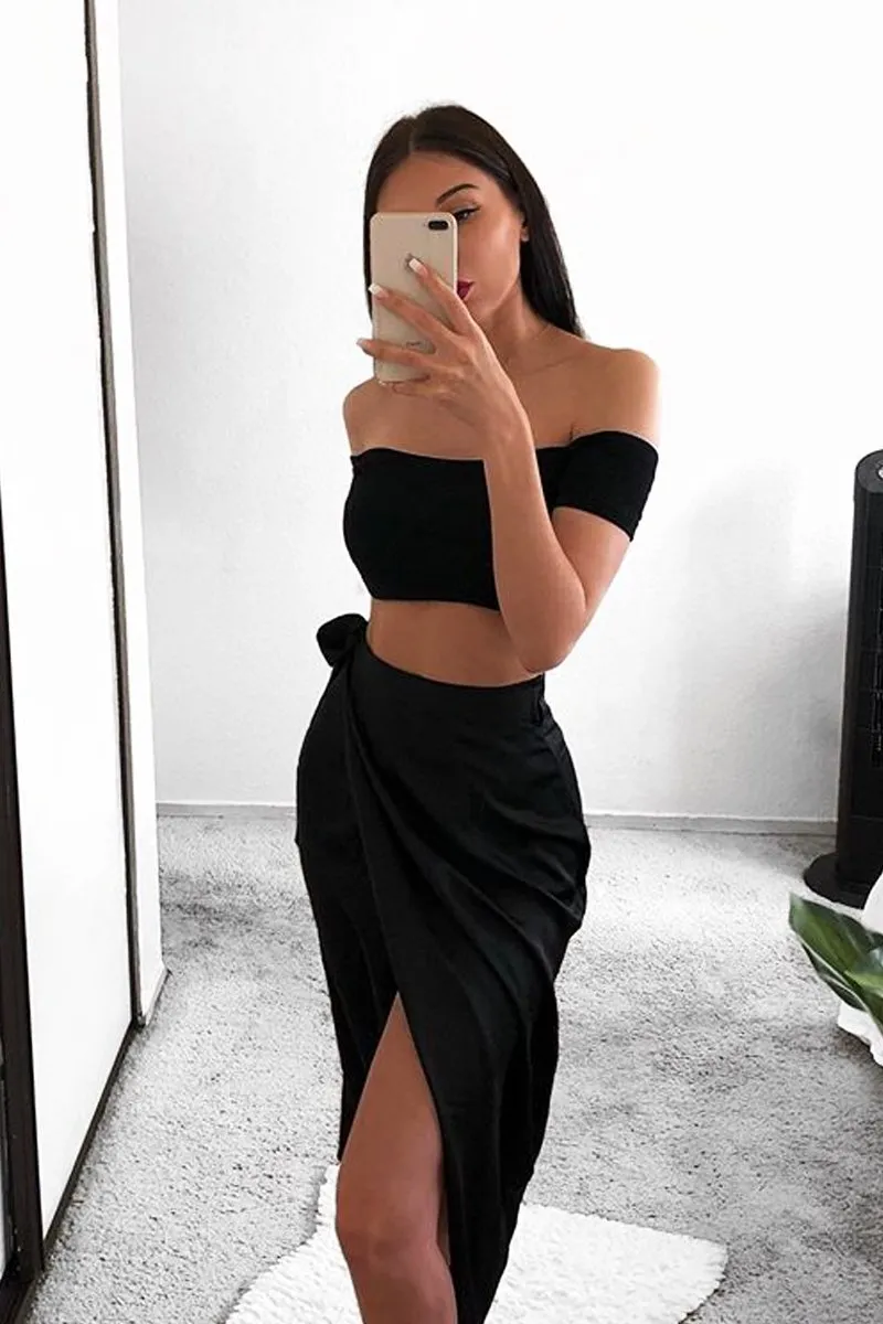 Black Wrap Tie Side Satin Midi Skirt - Mailah