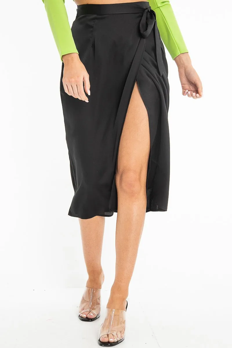 Black Wrap Tie Side Satin Midi Skirt - Mailah