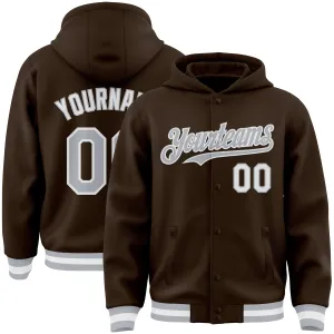 Custom Brown Gray-White Bomber Full-Snap Varsity Letterman Hoodie Jacket