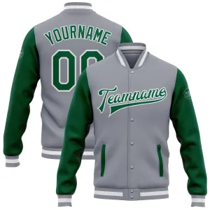 Custom Gray Kelly Green-White Bomber Full-Snap Varsity Letterman Two Tone Jacket