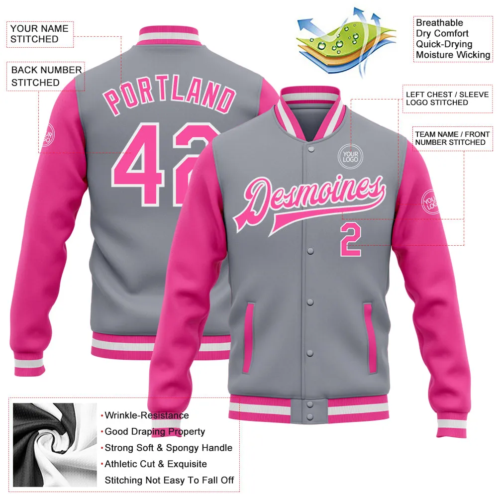 Custom Gray Pink-White Bomber Full-Snap Varsity Letterman Two Tone Jacket