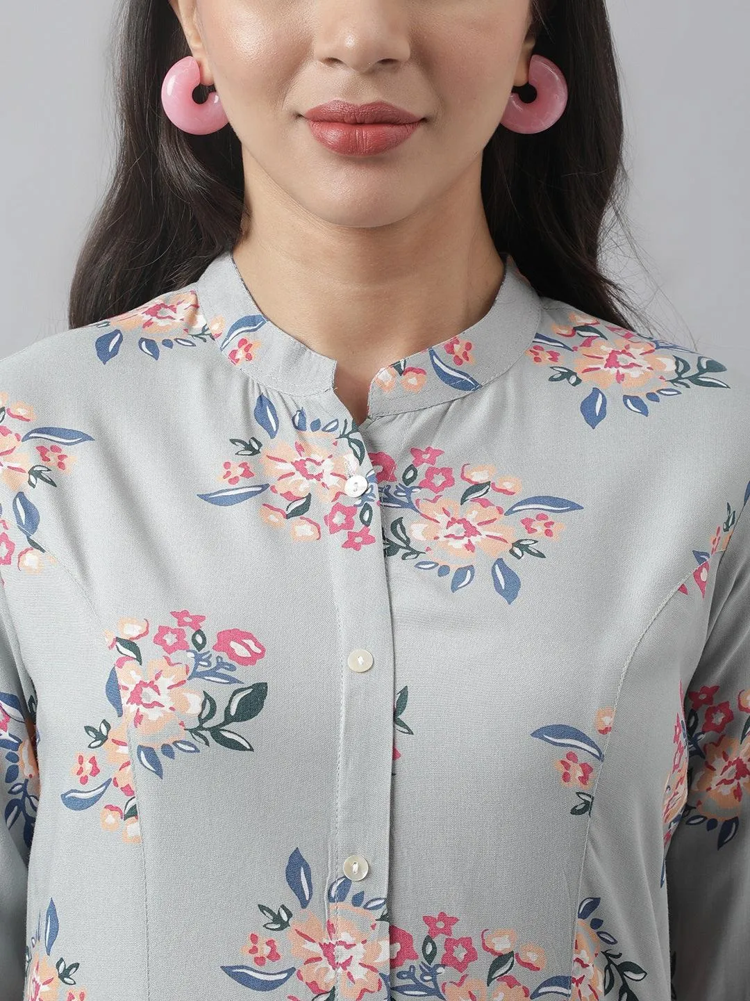 Gray Floral Printed Rayon A-Line Shirt Style Top