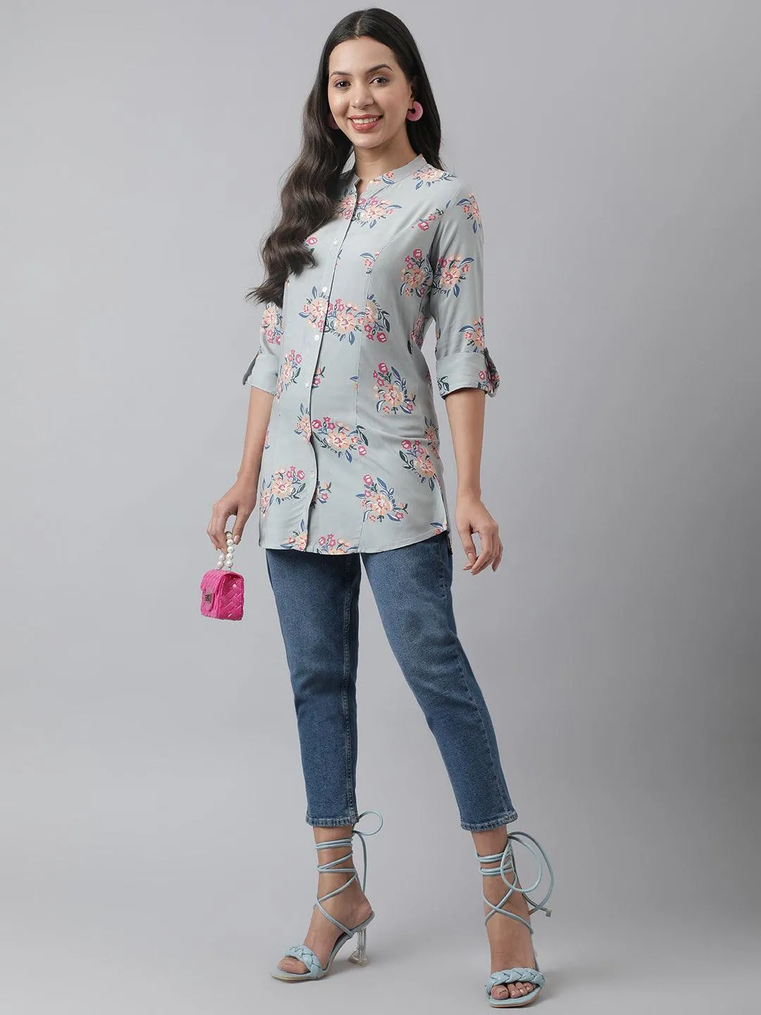 Gray Floral Printed Rayon A-Line Shirt Style Top