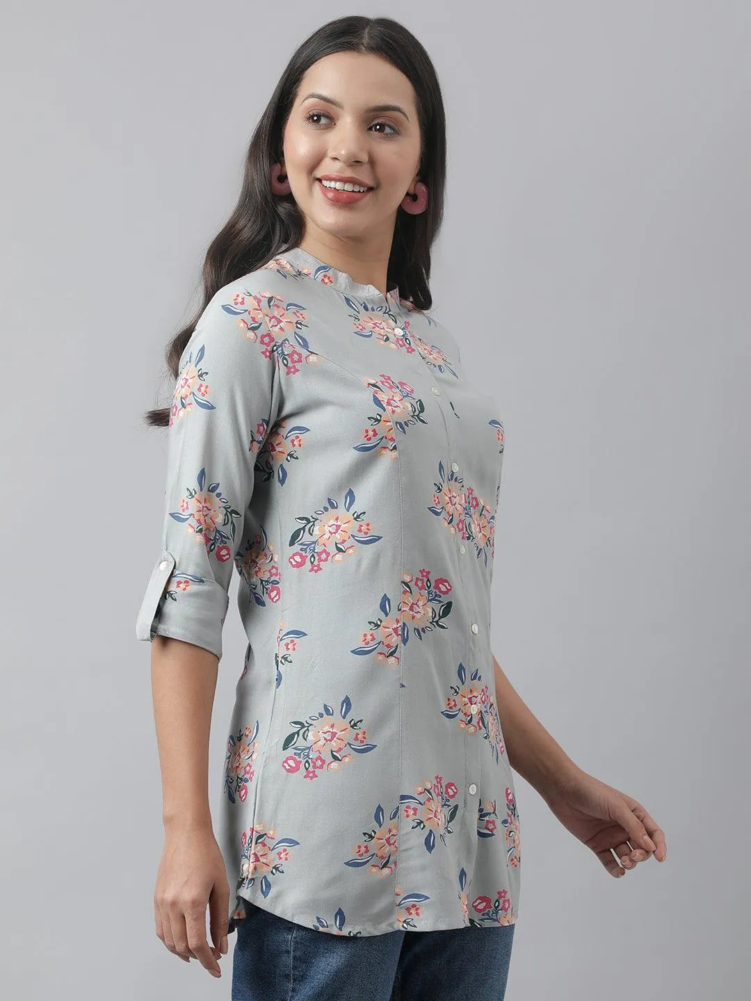 Gray Floral Printed Rayon A-Line Shirt Style Top