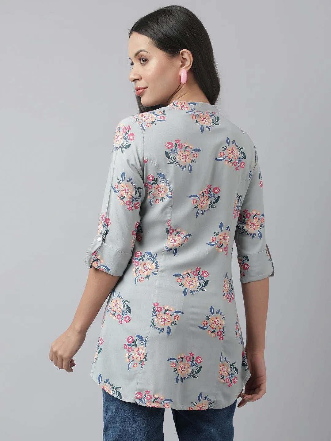 Gray Floral Printed Rayon A-Line Shirt Style Top