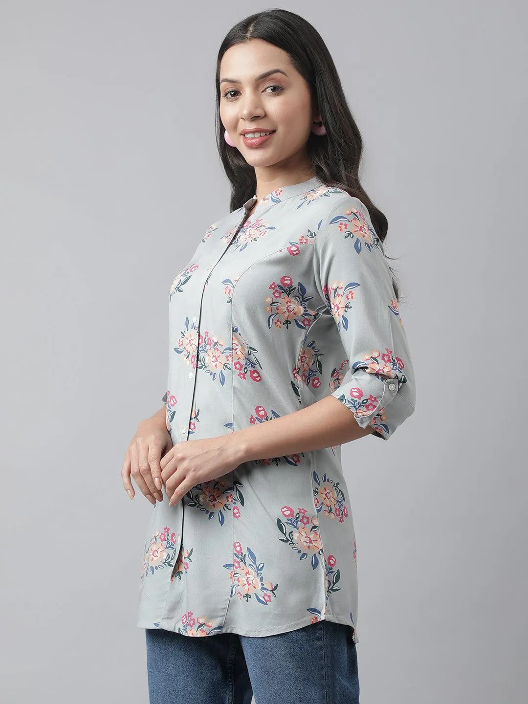 Gray Floral Printed Rayon A-Line Shirt Style Top