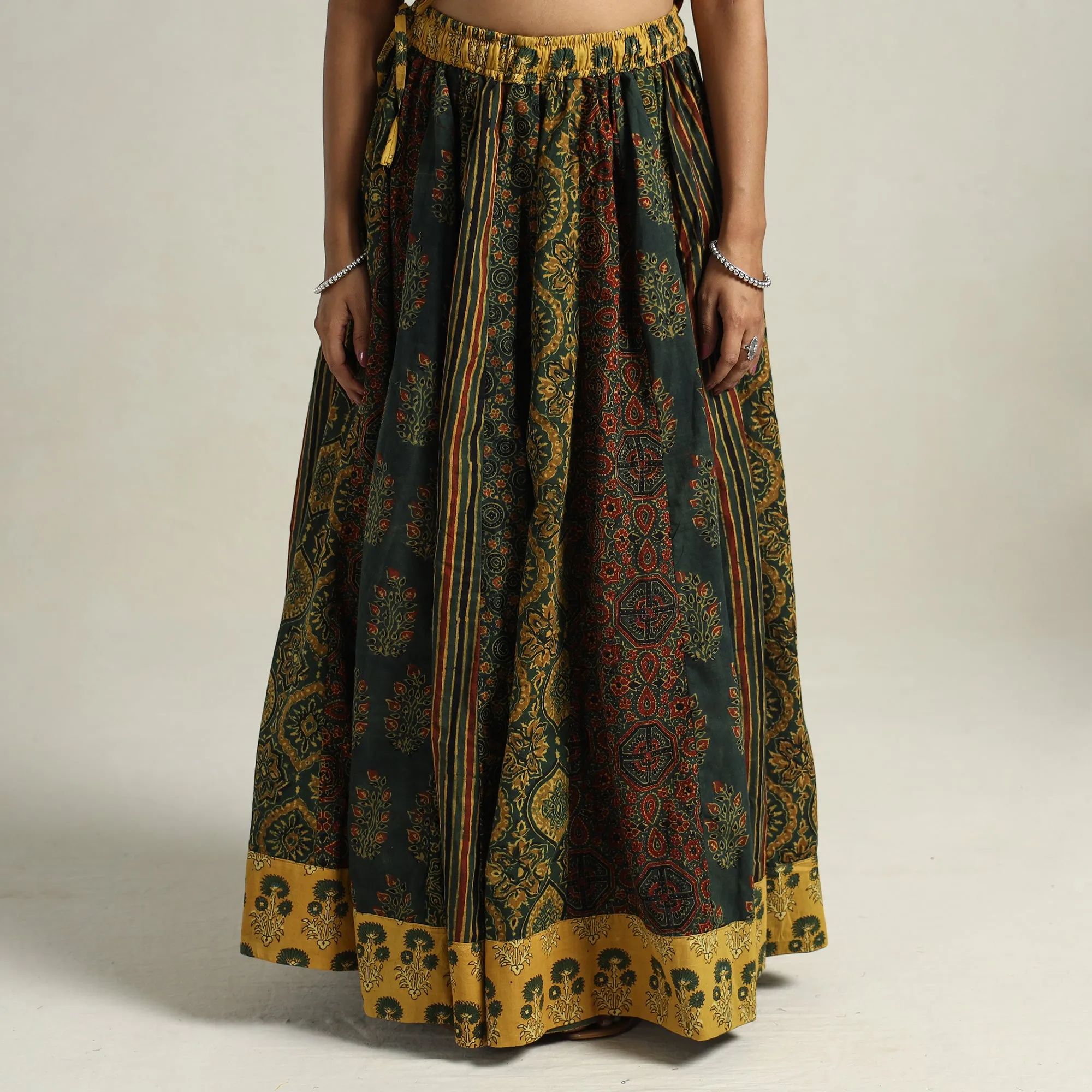 Green - Ajrakh Block Printed 24 Kali Patchwork Cotton Long Skirt 33