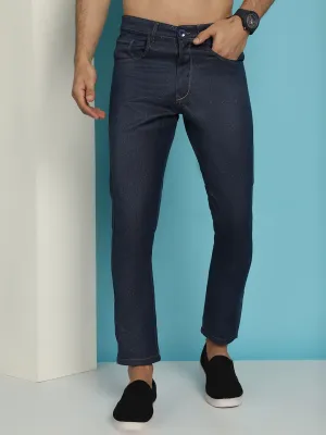 Men'S Navy Blue Solid Cotton Casual Trouser